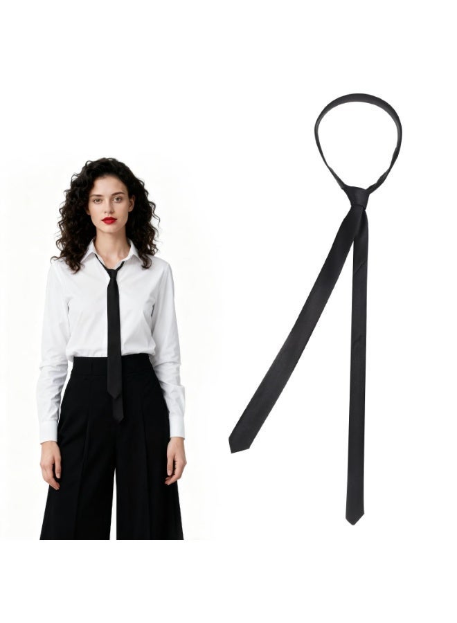 Black Skinny Tie for Women and Men, Adjustable Zipper Skinny Ties, Solid Color Black Ties for Wedding Business - Image 1